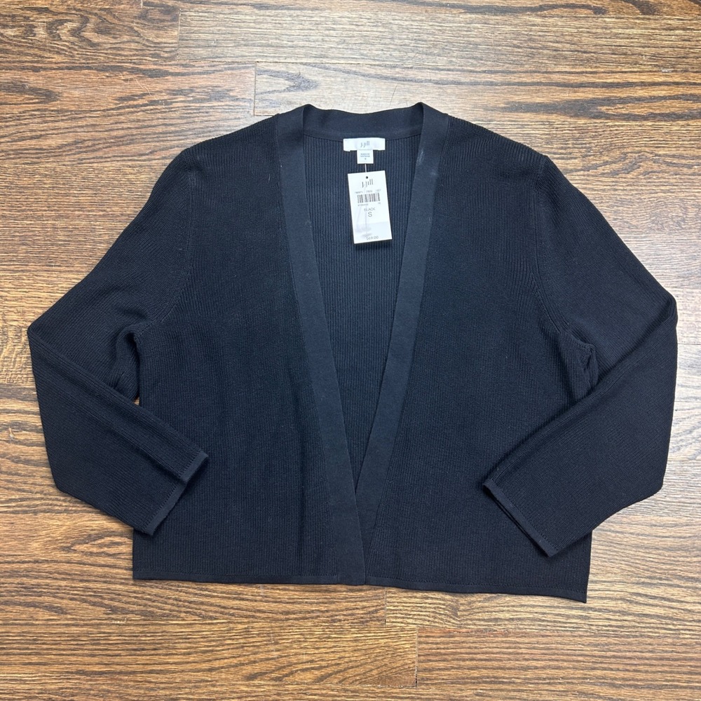 J Jill Open Front Cardigan Womens Small Black Ribbed Sweater Cropped 3/4 Sleeve